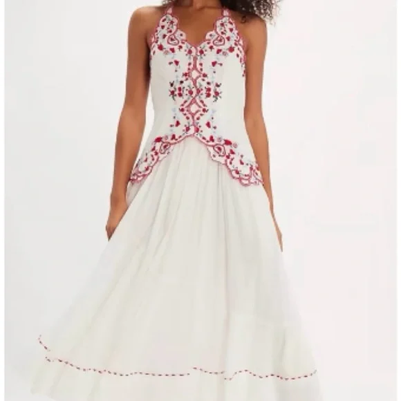 Free People White Maxi Cotton Dress with Red Embroidery - Picture 6 of 15